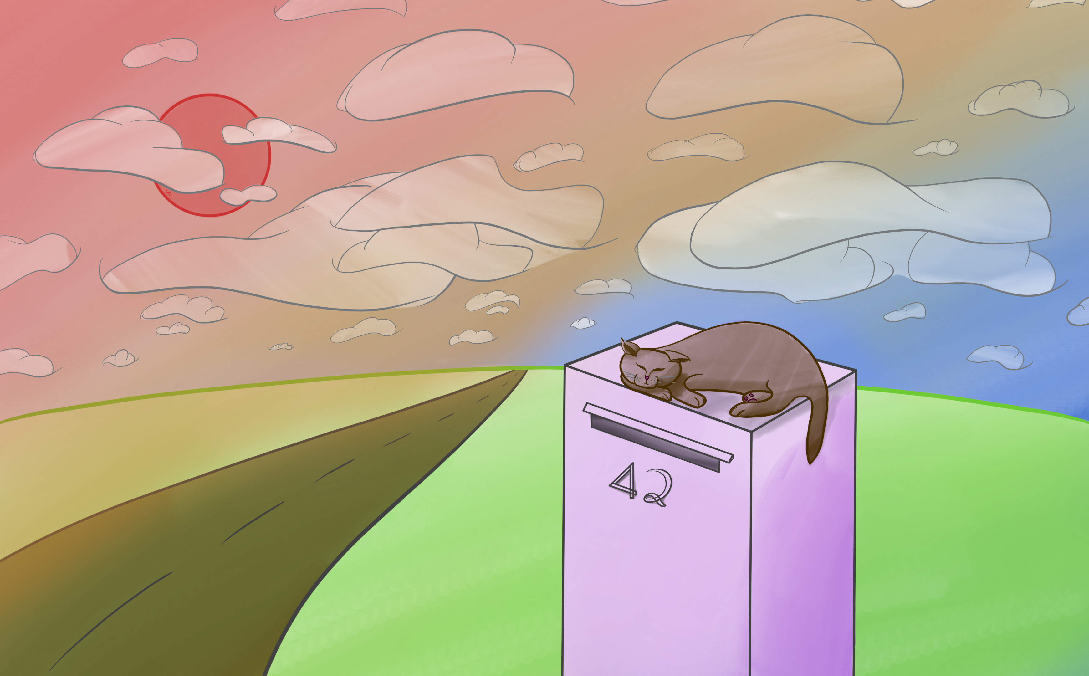 A cat sleeping on a mailbox during the sunset